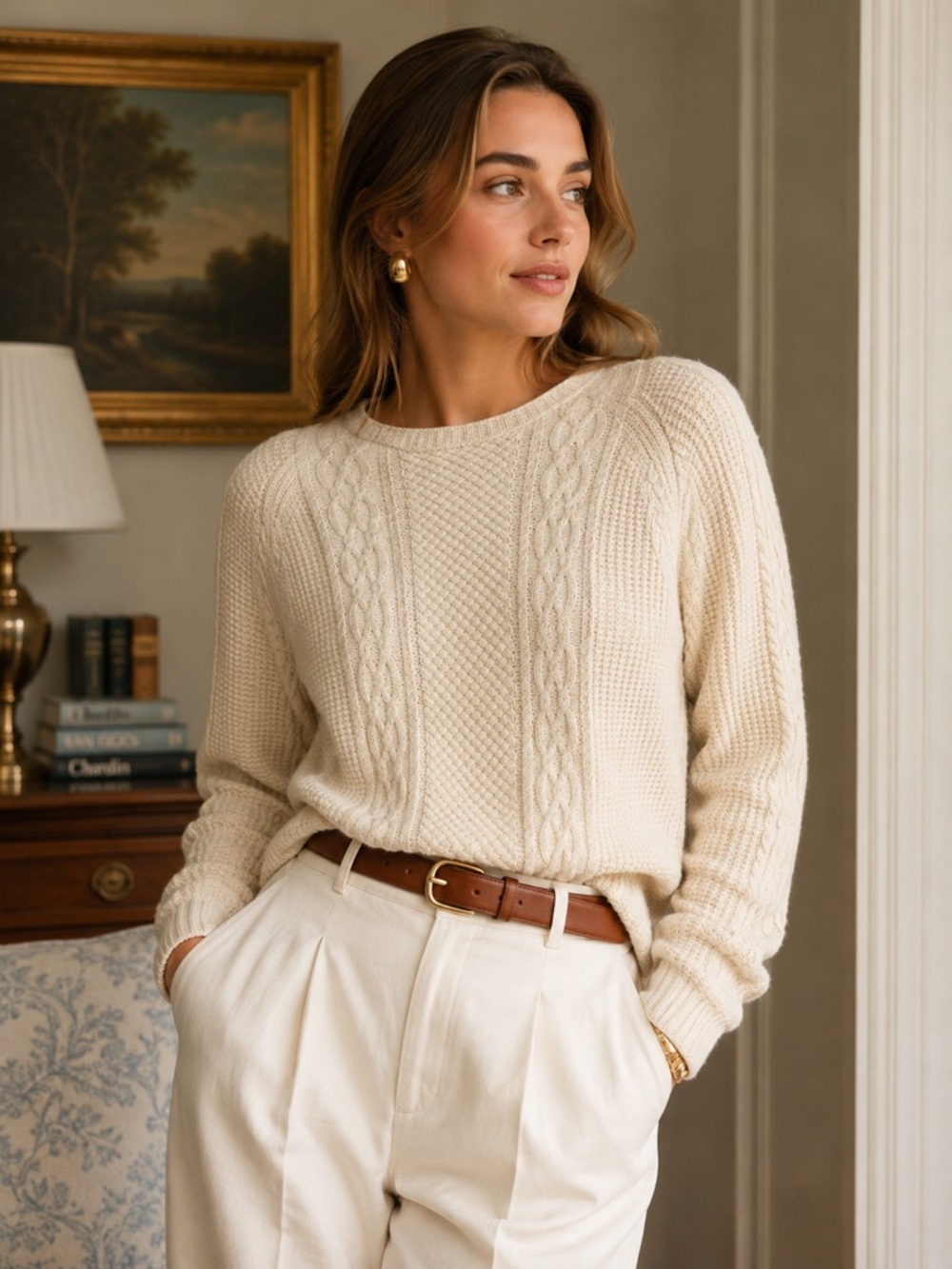 Jeanne Pierre 100% Cotton Cable Knit Sweater Cream Fisherman Style Size Large